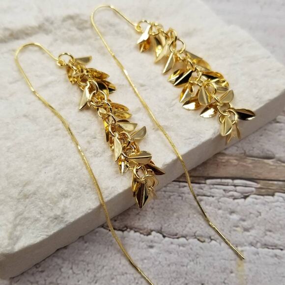 Treasure Wholesale Jewelry - Fall Wheat Ear Long Threader Tassel Earrings Gold